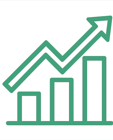 A stylized green line graph and bar chart with an upward-pointing arrow, symbolizing financial success and growth.
