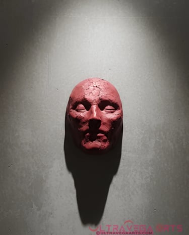 The Spirit Shell #3: Gallery View Handcrafted Paper Mache Mask Sculpture hanging on cement wall by Tom Gates