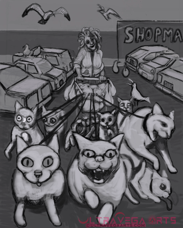 Digital sketch of "Cat Lady" a ruff drawing of an old lady with a shopping cart walking her cats, Digital By UltraVega Arts