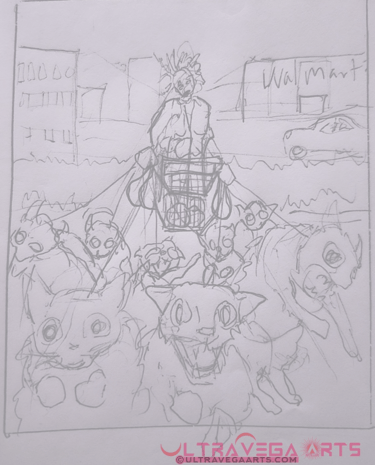 Thumbnail sketch of "Cat Lady" a ruff drawing of an old lady with a shopping cart walking her cats, By UltraVega Arts