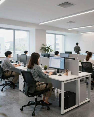 Customer service representatives using AI tools in a vibrant call center environment.