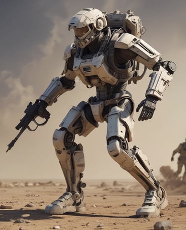 Abstract 3D layered robotic elements floating with slow, deliberate motion over a muted tactical-toned backdrop.