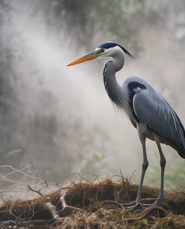 A heron flying away from a pond protected by the pond guard system.
