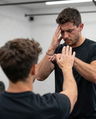 Peaceful breathing exercise outdoors with soft morning light.