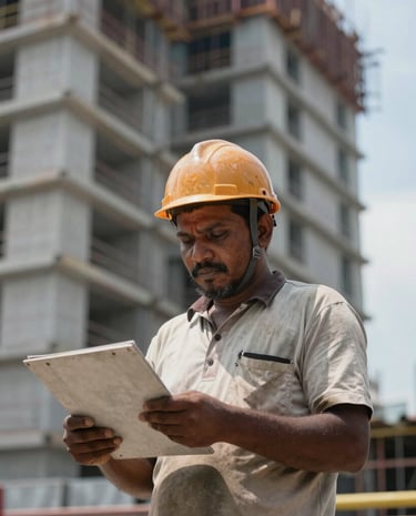 Construction workers wearing helmets and safety gear discussing plans on site.