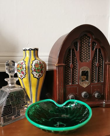 vintage, radio, green glass bowl, glass bowl, decanter, vase
