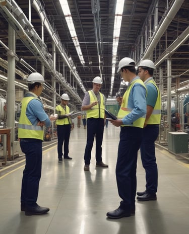 Water treatment facility with professional engineers inspecting control instruments.