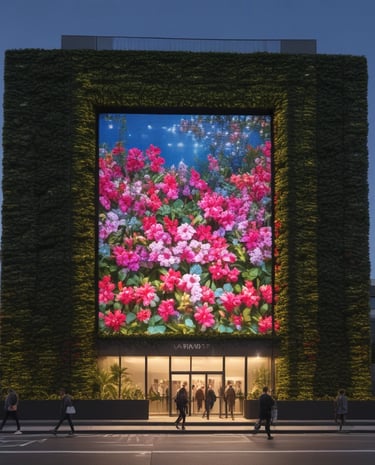 A nighttime cityscape illuminated by multiple LED billboards glowing brightly.