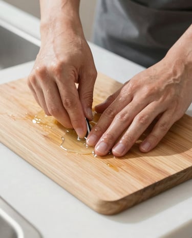 A charcuterie board stored upright on a kitchen shelf to prevent warping.