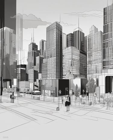 Abstract digital graphics in shades of gray and white symbolizing growth and strategy.