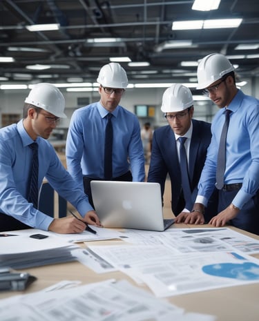 A professional team in a modern office reviewing logistics plans with digital maps.