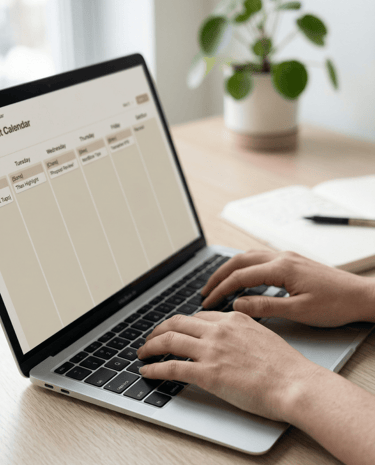 Close-up of hands typing on a laptop with a notebook, showing a simple and organized content workflo