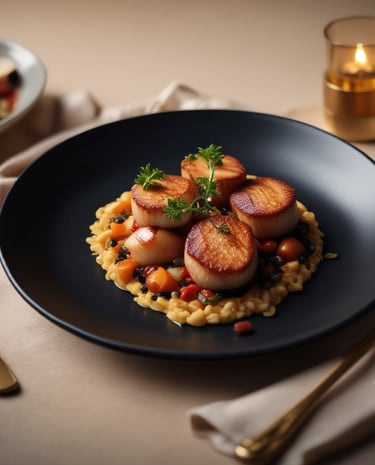 Close-up of a beautifully plated gourmet dish highlighting textures and colors.