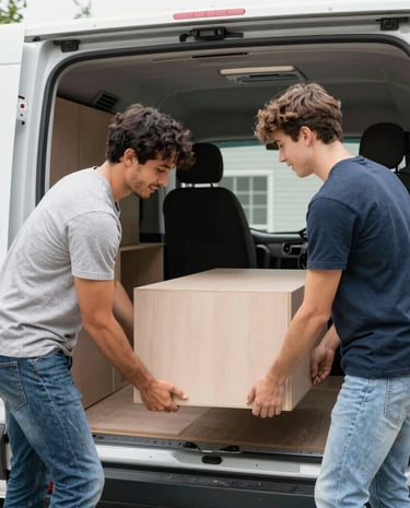 Professional movers carefully handling furniture during a smooth house move in a bright Zurich apartment.