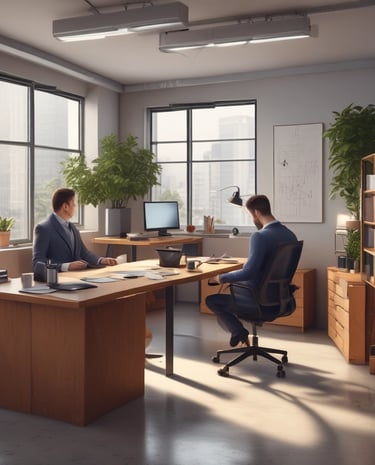 A sleek, minimalist office space with black, white, grey, and sage green tones reflecting the brand’s style.