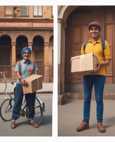 A delivery courier handing over a package to a smiling customer at their doorstep.