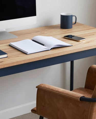 Clean, modern workspace with subtle navy accents and strategic planning materials.