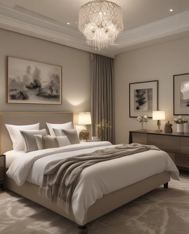 A serene bedroom with contemporary decor and soft natural light filtering through sheer curtains.