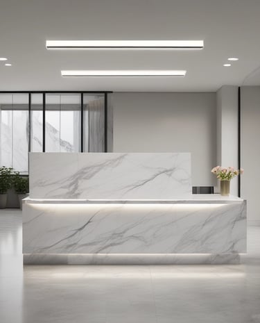 Close-up of an administrative welcome desk with scanner and photocopier in a cozy setting.