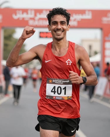 A smiling runner crossing the finish line with arms raised in victory during a local race.
