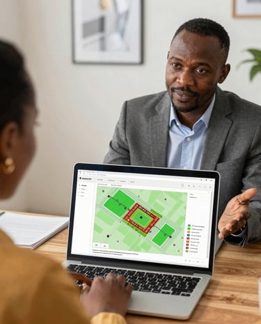A consultant advising a client with charts and graphs displayed on a laptop screen.