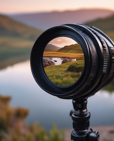 A close-up of a camera lens reflecting a beautiful landscape.