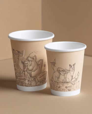 An outdoor cafe scene with customers enjoying drinks served in stylish paper cups.