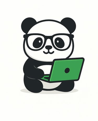 A picture of a panda bear with black glasses holding a green laptop and he is smiling at you.