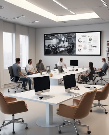 A team brainstorming session with laptops and digital tools in a modern workspace.