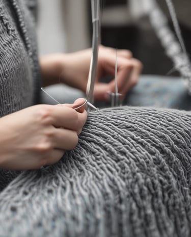 Three folded knitted sweaters stacked on top of each other in neutral tones. The top sweater has a brown ribbed pattern, the middle one is cream with a cable knit design, and the bottom sweater is beige with a thick knit texture.