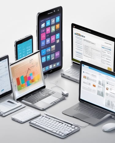 A robot with a humanoid shape and bright blue lights for eyes stands on a wooden surface. It is mainly white with black accents and is connected with various wires. Several small robotic vehicles with electronic components are visible in the background.