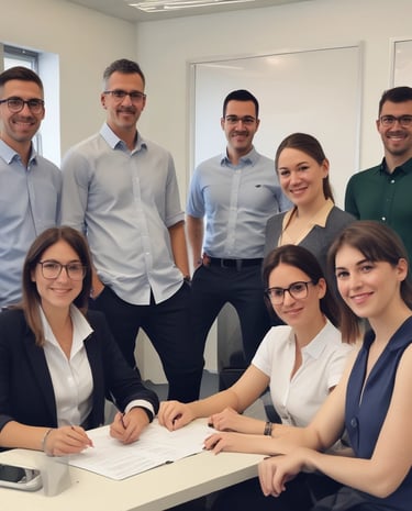 A row of light-colored beach cabins with turquoise doors, each marked with numbers. The cabins are adjacent to a paved path and grassy area, with trees visible in the background under a clear blue sky.