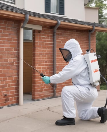 A person wearing a yellow raincoat, protective pants, and a mask is engaged in street cleaning. They are pushing a green trash bin while holding a broom. The scene takes place on a wet pavement in front of a light-colored building with arched windows and a tiled roof. Leafless trees and a street lamp are also visible in the background.