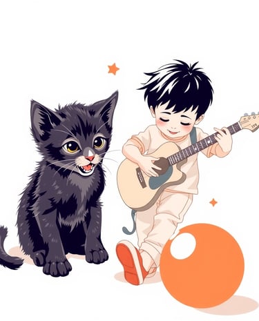 a boy playing guitar and a cat