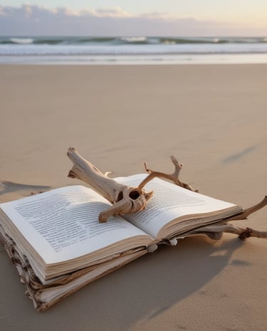 An open book on a beach towel, representing knowledge and exploration.