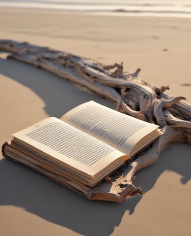 An open book on a beach towel, representing knowledge and exploration.
