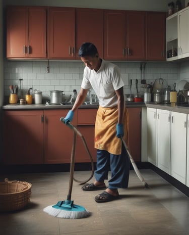 Three individuals are cleaning and arranging items in a room with large glass windows and cabinets filled with trophies and books. One person is sweeping, another is arranging items, and the third is handling a large bag.