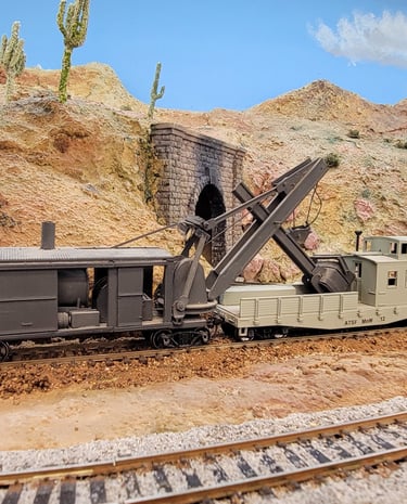 Maintenance of Way for Santa Fe Railroad. A steam driven crane and work train caboose.