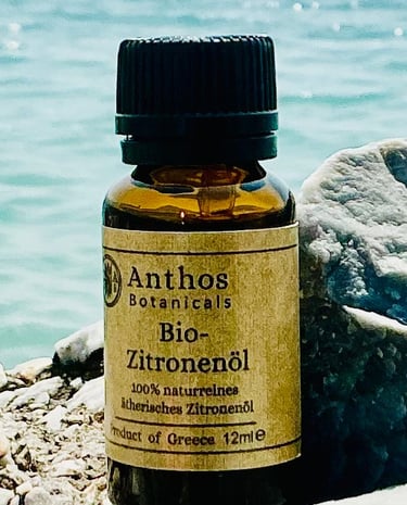 a bottle of bio lemon essential oil