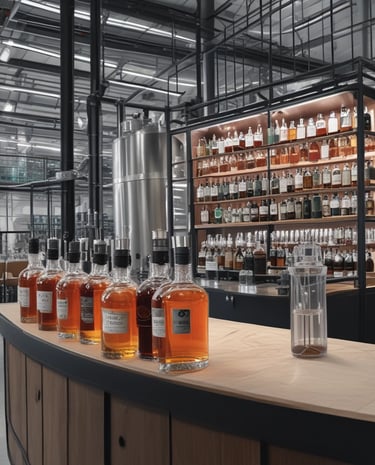 A series of shelves stocked with various bottles of alcoholic beverages, primarily featuring different types of liquor such as whiskey, vodka, and rum. The shelves are illuminated with a warm yellow light, creating an inviting ambiance. The arrangement of the bottles is neat and organized, with some sections having a repeating pattern of the same bottle.