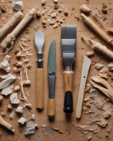 A person is engaged in woodworking, holding a carving tool to shape the surface of a wooden piece. The setting appears to be outdoors, with a tree in the background and a blanket or cloth nearby. The person is focused on their craft.