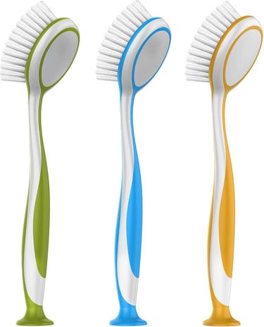 Set of three colorful dish brushes with ergonomic handles and nylon bristles for kitchen cleaning.