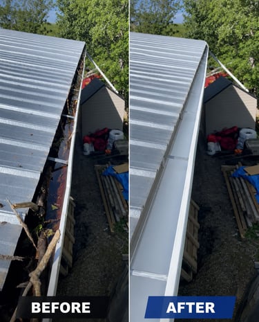 Technician removing leaves from residential gutters.