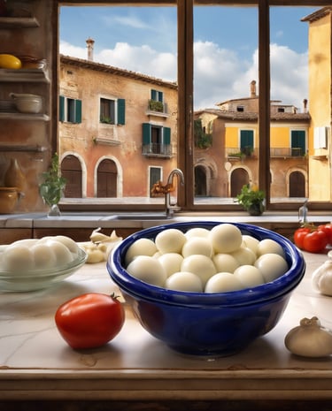 A plate featuring a piece of soft white cheese, possibly mozzarella, garnished with black pepper and accompanied by a chunk of honeycomb. Fresh arugula leaves and slices of red and green tomatoes add color, placed on a white dish against a neutral background.
