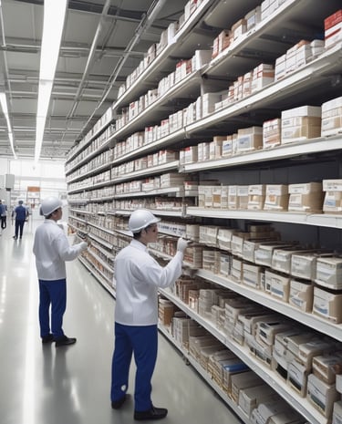 Several people are standing at a pharmacy counter with a selection of medications displayed behind a clear glass partition. The store has a modern design with bright lighting and digital displays showing numbers above each counter.