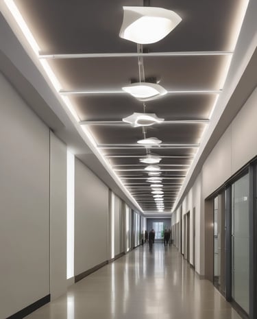 Abstract architectural design featuring reflective glass surfaces with curved yellow lighting accents. Vertical lines from support pillars intersect with curved light patterns, creating a modern and artistic visual. The interior appears sophisticated, with a mix of metallic and glass elements adding depth through reflections.