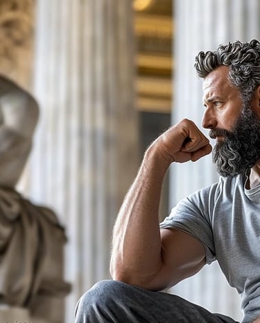 Homme barbu pensif, face à une statue antique dans un décor de colonnes.