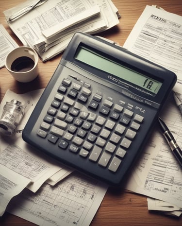 The scene includes a dimly lit workspace with a focus on tax-related documents, a pen, and a mug. The documents are prominently featured on the table, indicating a financial or tax preparation setting.