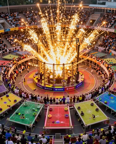 Dynamic scene of artists performing on stage with colorful lights and enthusiastic audience.