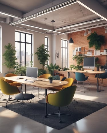 An inspiring collaborative workspace with diverse seating options and technology-integrated furniture showcasing innovation.